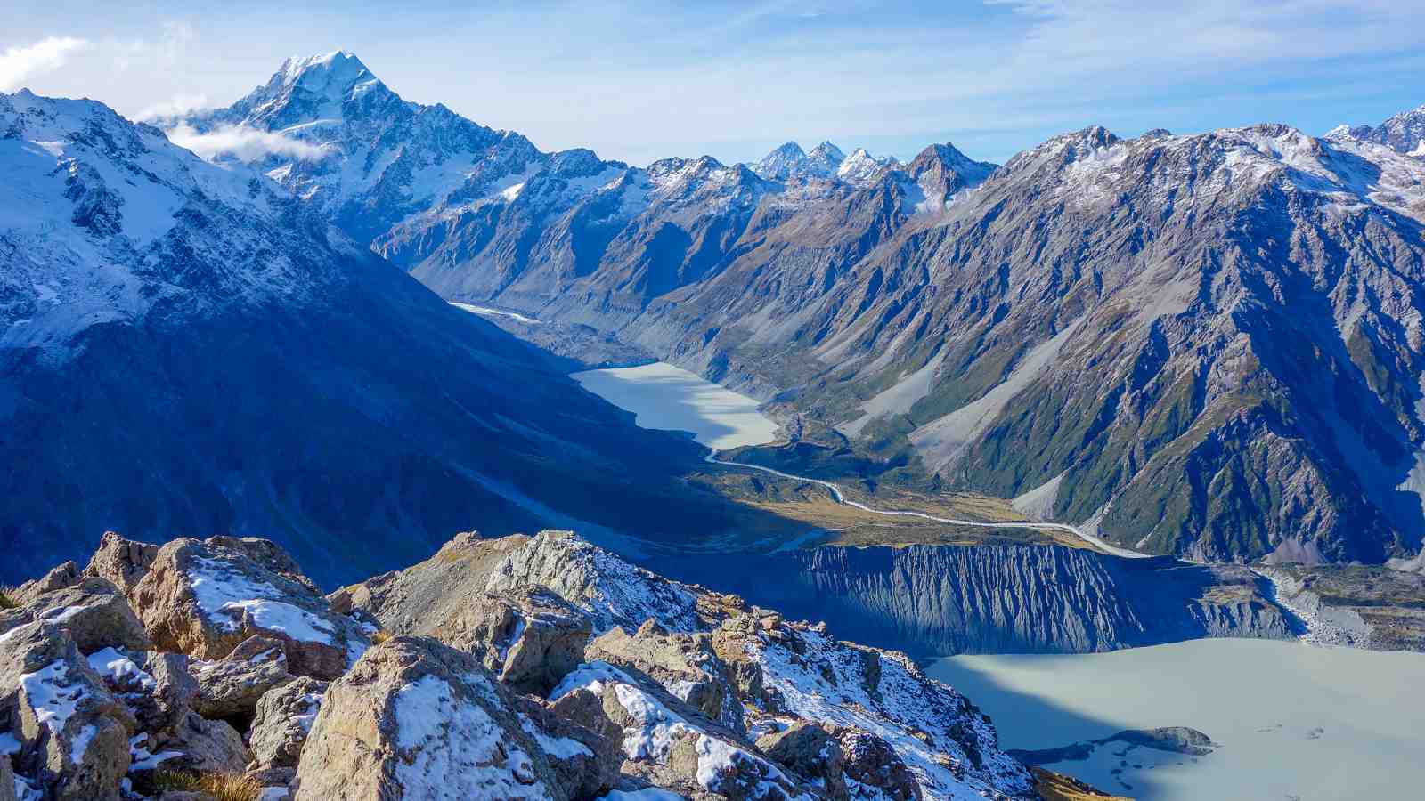 Aoraki / Mt Cook and the surrounding Southern Alps, with snow-covered peaks and glacial valleys.