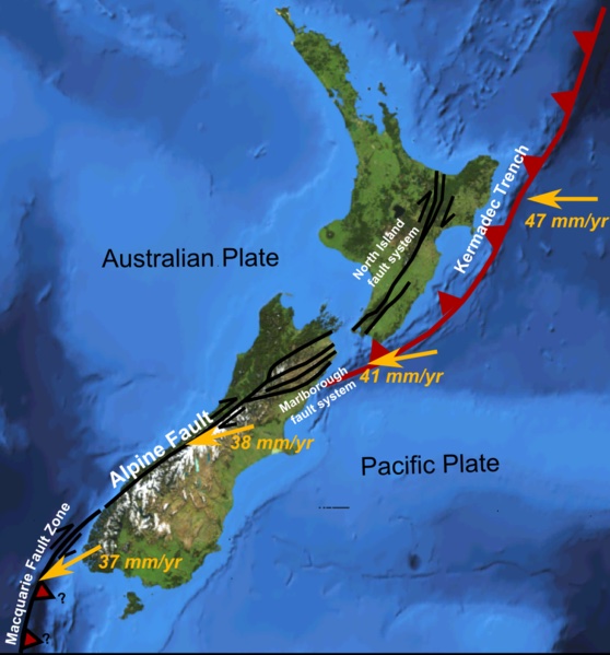 Tectonic map of New Zealand showing both islands, with the Alpine Fault running diagonally through the South Island, the Australian Plate to the west and the Pacific Plate to the east. The Kermadec Trench off the north-east coast shows subduction. Yellow arrows show Pacific Plate motion towards the Australian Plate: 47 mm/year off North Island, 41 mm/year near the Marlborough fault system, 38 mm/year at the central Alpine Fault, 37 mm/year near the Macquarie Fault Zone in the south.