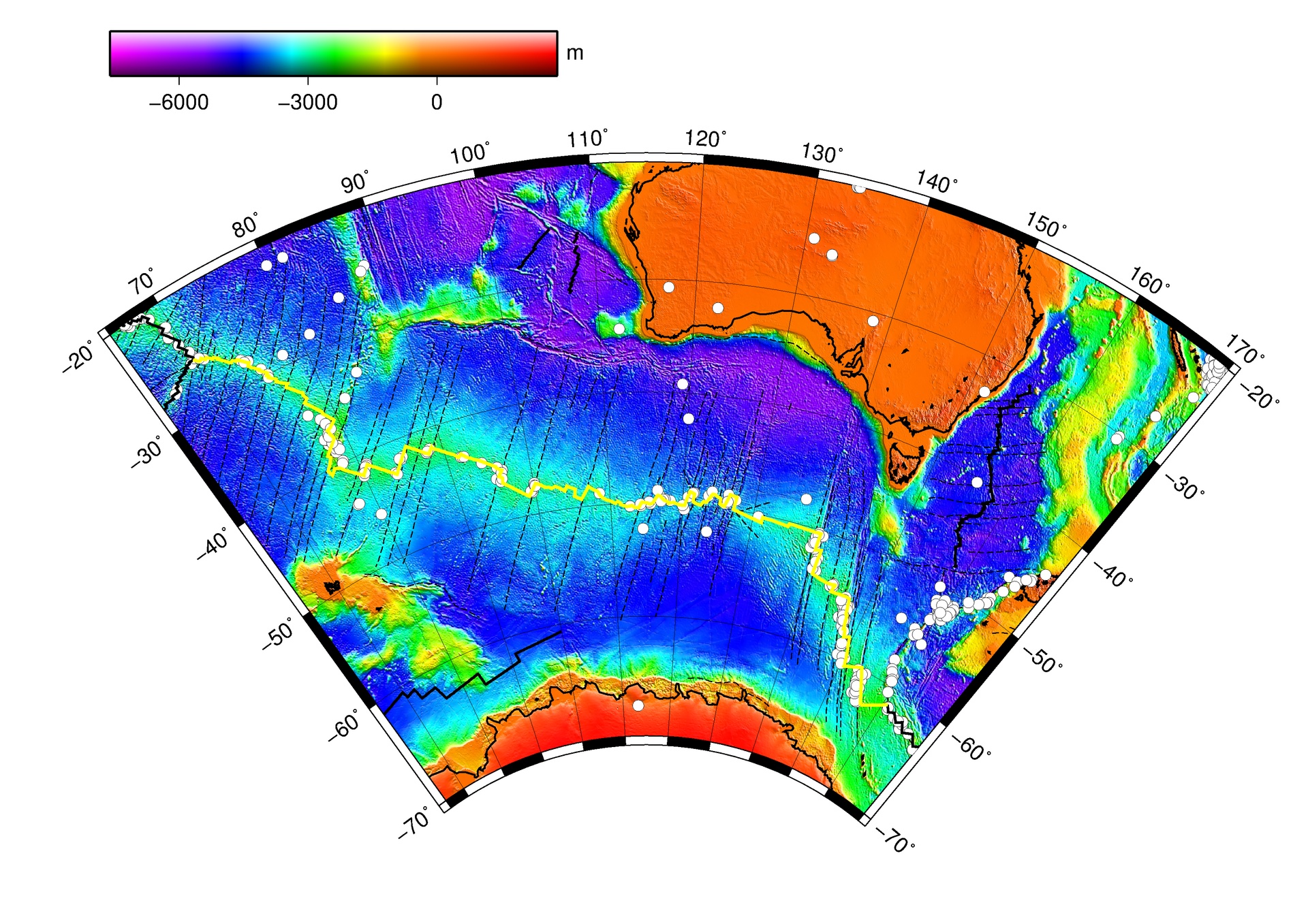 Bathymetric map of the Southern Ocean. Australia occupies the top right, Antarctica runs along the bottom. The Southeast Indian Ridge is traced in yellow across the seafloor between them. Colours show seafloor depth.