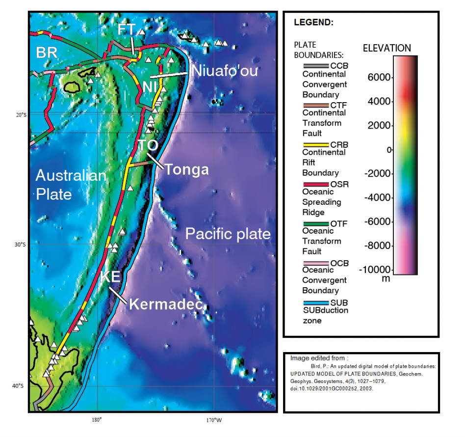 Regional plate boundary map of the Tonga-Kermadec area showing the Australian Plate, Pacific Plate, and the trench (Bird, 2003)